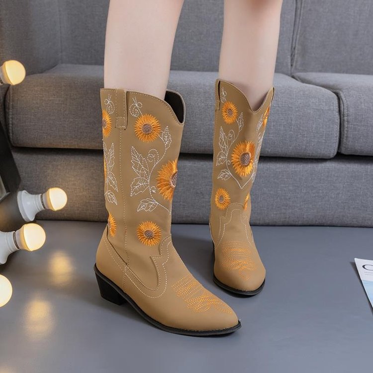 Chunky High-Heel Round-Toe Embroidered Martin Boots