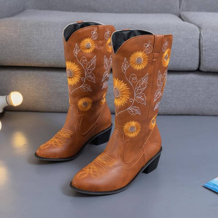 Chunky High-Heel Round-Toe Embroidered Martin Boots