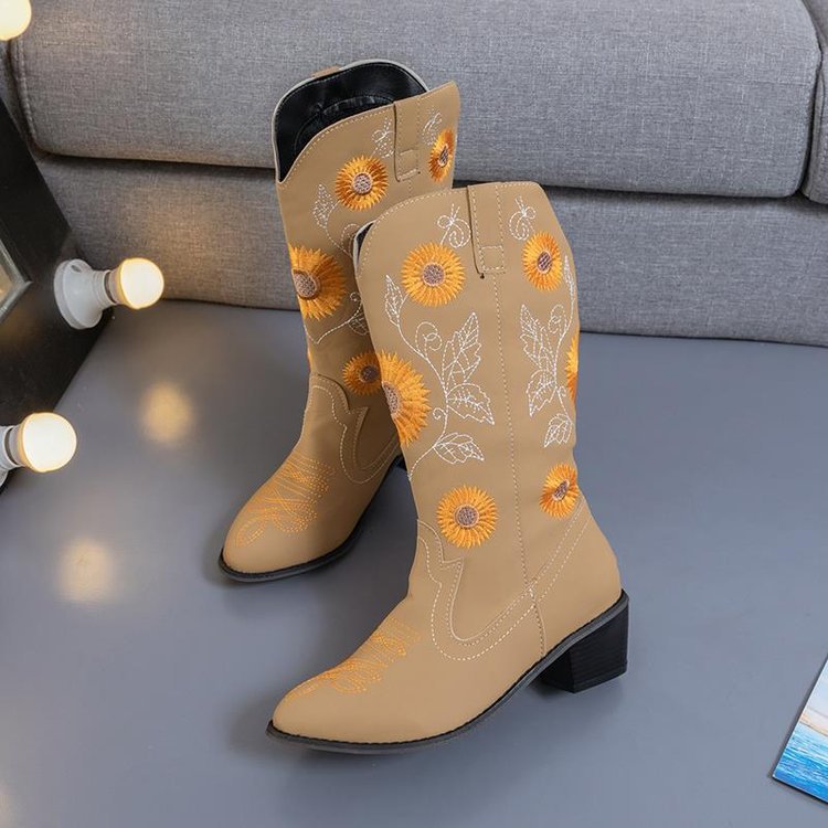 Chunky High-Heel Round-Toe Embroidered Martin Boots