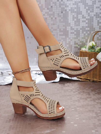 Chunky Heel Hollow-Out Peep-Toe Sandals