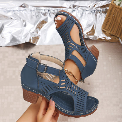 Chunky Heel Hollow-Out Peep-Toe Sandals