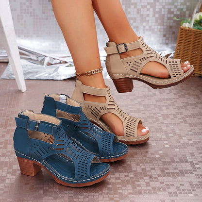 Chunky Heel Hollow-Out Peep-Toe Sandals