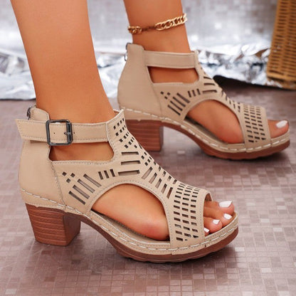 Chunky Heel Hollow-Out Peep-Toe Sandals