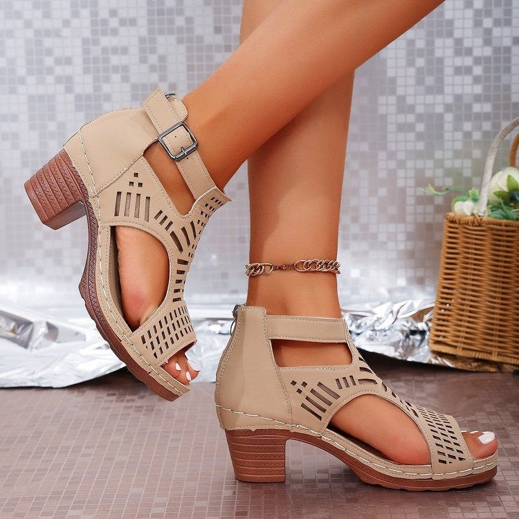 Chunky Heel Hollow-Out Peep-Toe Sandals