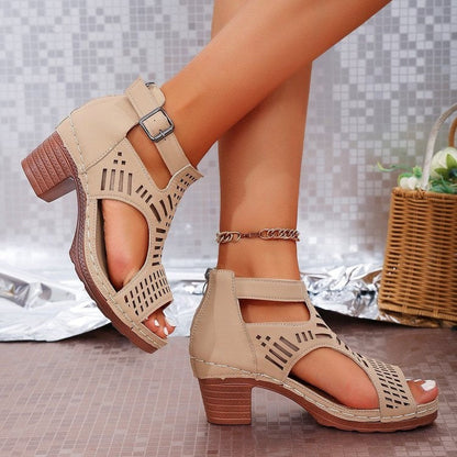 Chunky Heel Hollow-Out Peep-Toe Sandals